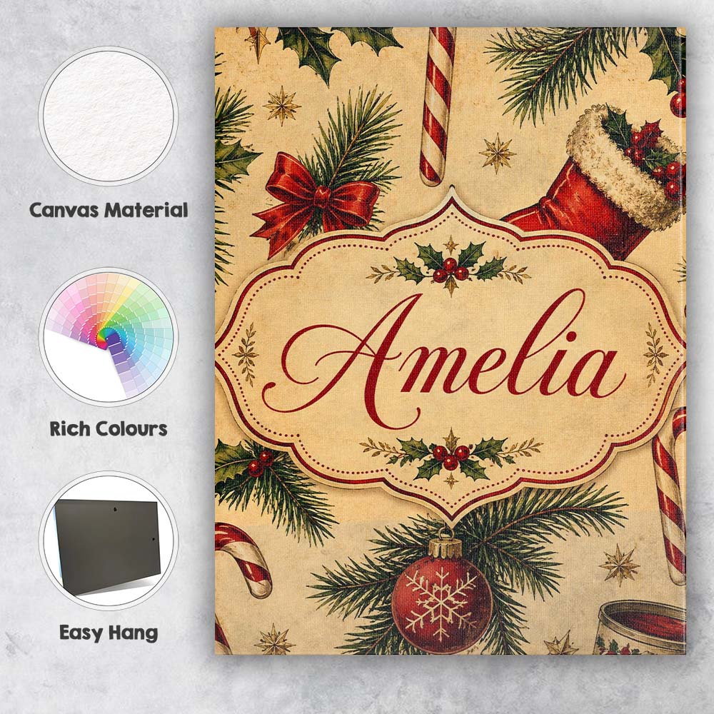 Personalised Name Classic Christmas Stocking Custom Bespoke  Contemporary Display Canvas Wall Art Print Decor Picture Ready to Hang