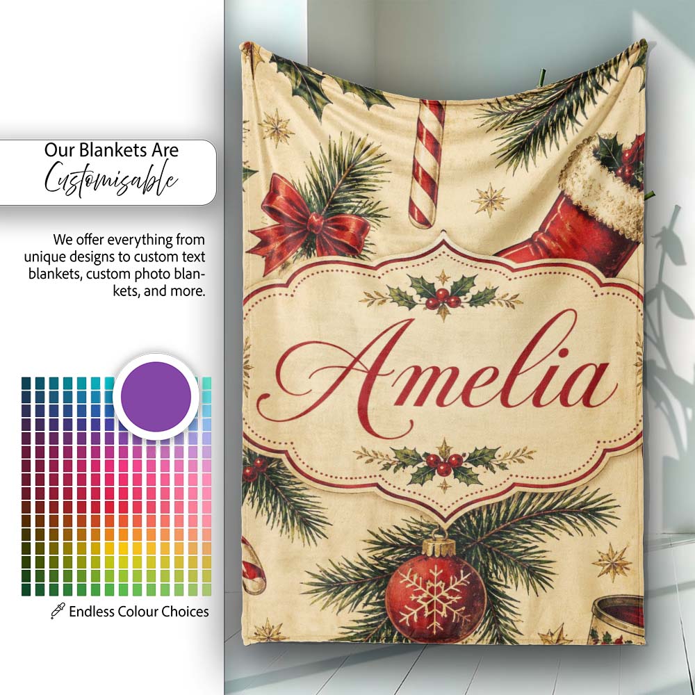 Classic Christmas Stocking Holly Pine Branch Candy Cane Seamless  Personalised Custom Name Super Soft Fleece Blanket Bed Sofa Throw