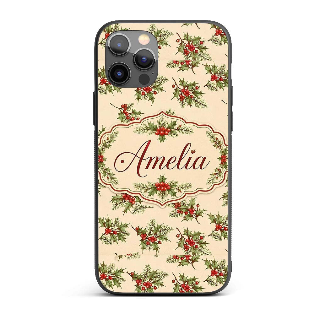 Watercolor Holly Berries Green Leaves Minimal Custom Name Protective Phone Case Mobile Cover Durable Everyday Smartphone Shock Resistant