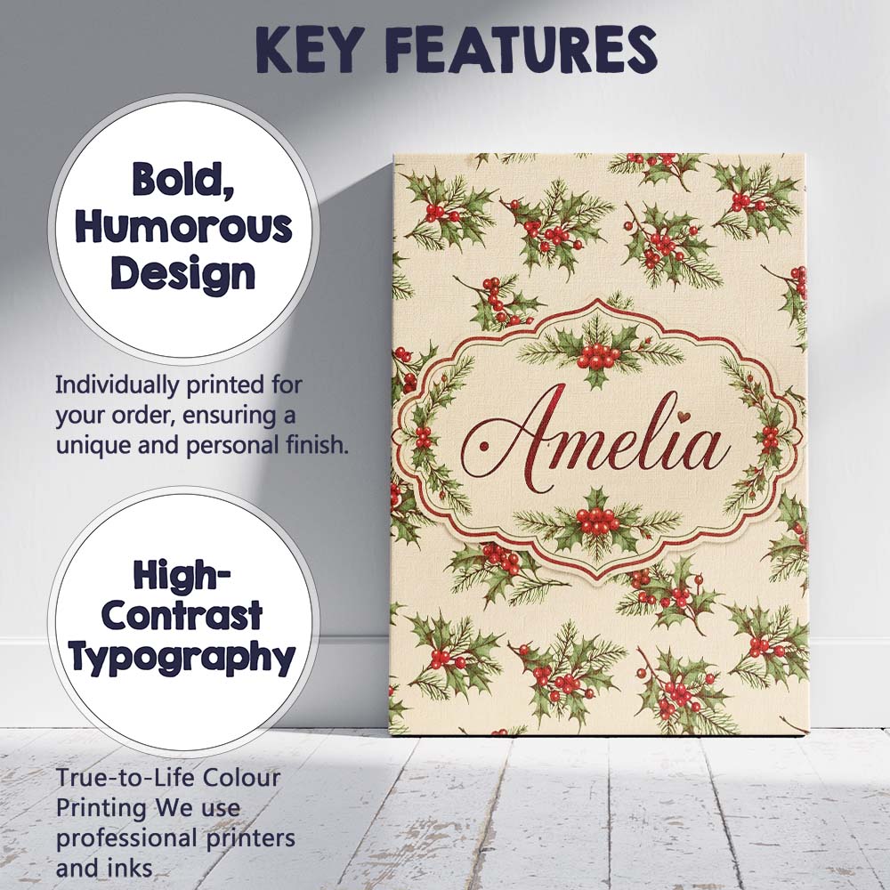 Personalised Name Watercolor Holly Berries Custom  Unique Gift Idea Elegant Feature Canvas Wall Art Print Decor Picture Ready to Hang
