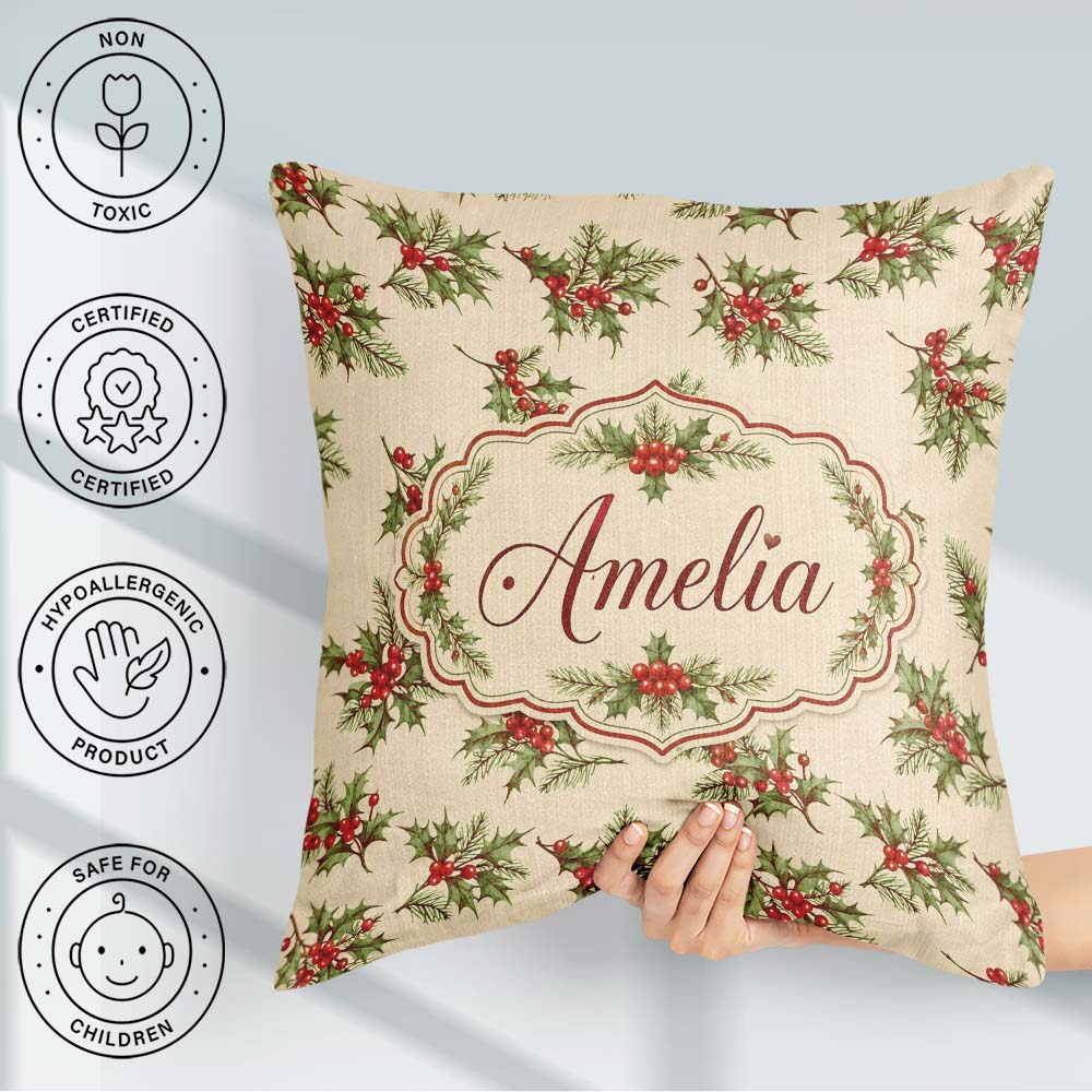 Custom Name Holly Berries Green Leaves Minimal Seamless Pattern Square Filled Cushion Throw Pillow Sofa Bed Home Decor Zip Washable UK Made