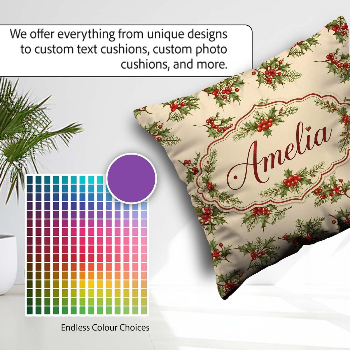 Custom Name Holly Berries Green Leaves Minimal Seamless Pattern Square Filled Cushion Throw Pillow Sofa Bed Home Decor Zip Washable UK Made
