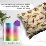 Custom Name Holly Berries Green Leaves Minimal Seamless Pattern Square Filled Cushion Throw Pillow Sofa Bed Home Decor Zip Washable UK Made