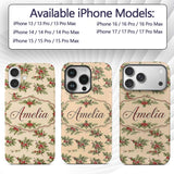 Watercolor Holly Berries Green Leaves Minimal Custom Name Protective Phone Case Mobile Cover Durable Everyday Smartphone Shock Resistant