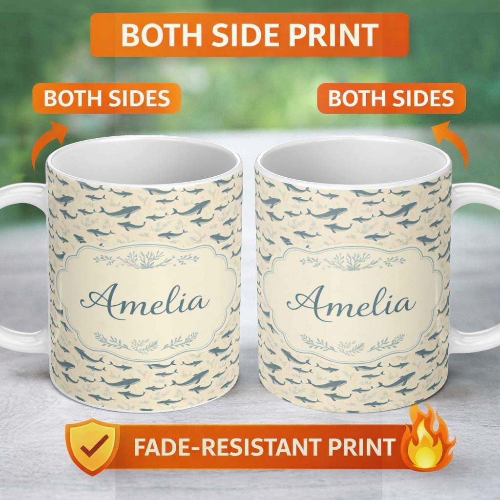 Personalized Custom Name Nautical Whale Ship Seamless Pattern Vintage Ocean Maritime Design 11oz Ceramic Coffee Tea Mug White Large Handle