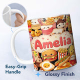 Personalized Custom Name Cute Kawaii Fast Food Collage Burger Pizza Fries Drinks Seamless 11oz Ceramic Coffee Tea Mug White Large Handle