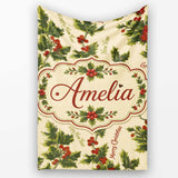 Festive Holly Berries Merry Christmas Text Seamless Pattern Lovely  Personalised Custom Name Super Soft Fleece Blanket Bed Sofa Throw