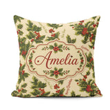 Custom Name Festive Holly Berries Merry Christmas Text Seamless Square Filled Cushion Throw Pillow Sofa Bed Home Decor Zip Washable UK Made