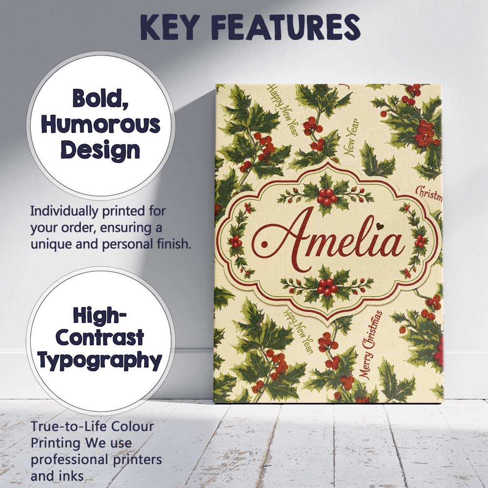 Personalised Name Festive Holly Berries Custom  Modern Room Accent Elegant Feature Canvas Wall Art Print Decor Picture Ready to Hang