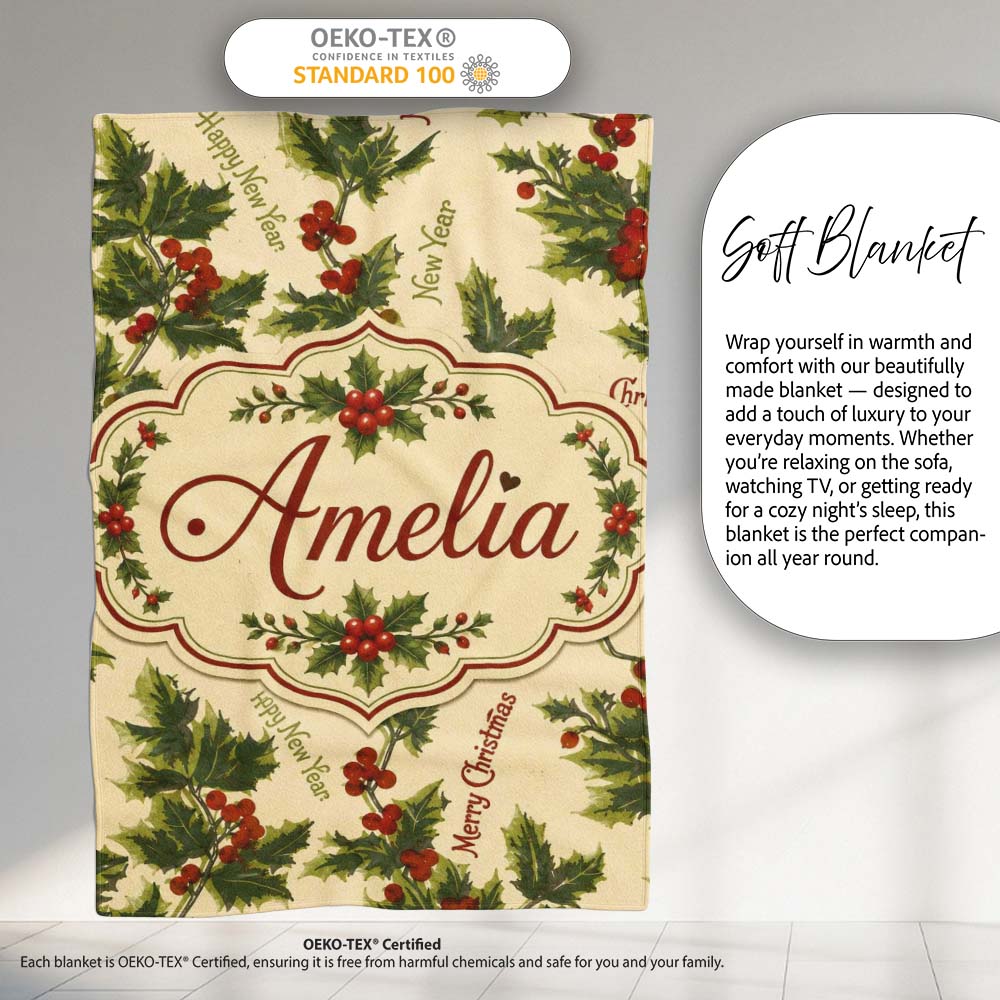 Festive Holly Berries Merry Christmas Text Seamless Pattern Lovely  Personalised Custom Name Super Soft Fleece Blanket Bed Sofa Throw