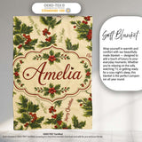 Festive Holly Berries Merry Christmas Text Seamless Pattern Lovely  Personalised Custom Name Super Soft Fleece Blanket Bed Sofa Throw