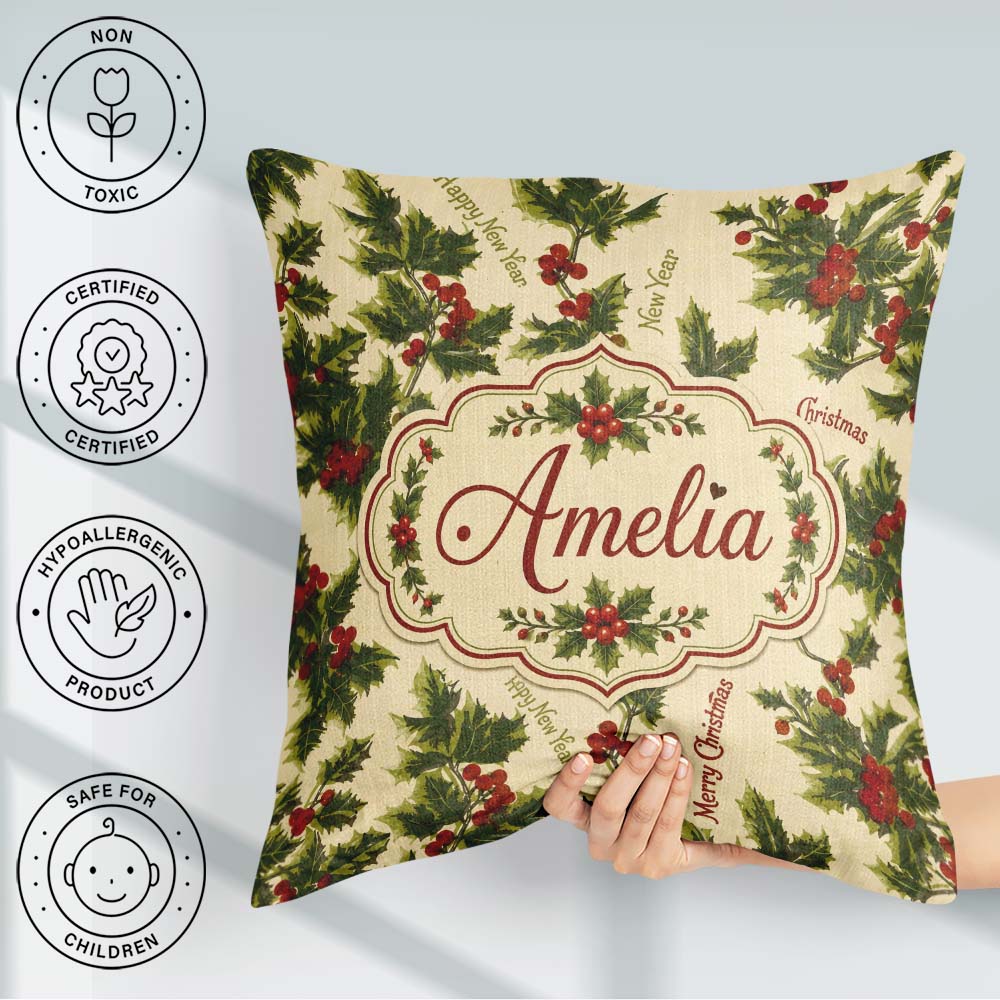 Custom Name Festive Holly Berries Merry Christmas Text Seamless Square Filled Cushion Throw Pillow Sofa Bed Home Decor Zip Washable UK Made
