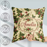 Custom Name Festive Holly Berries Merry Christmas Text Seamless Square Filled Cushion Throw Pillow Sofa Bed Home Decor Zip Washable UK Made
