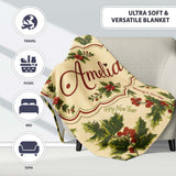 Festive Holly Berries Merry Christmas Text Seamless Pattern Lovely  Personalised Custom Name Super Soft Fleece Blanket Bed Sofa Throw