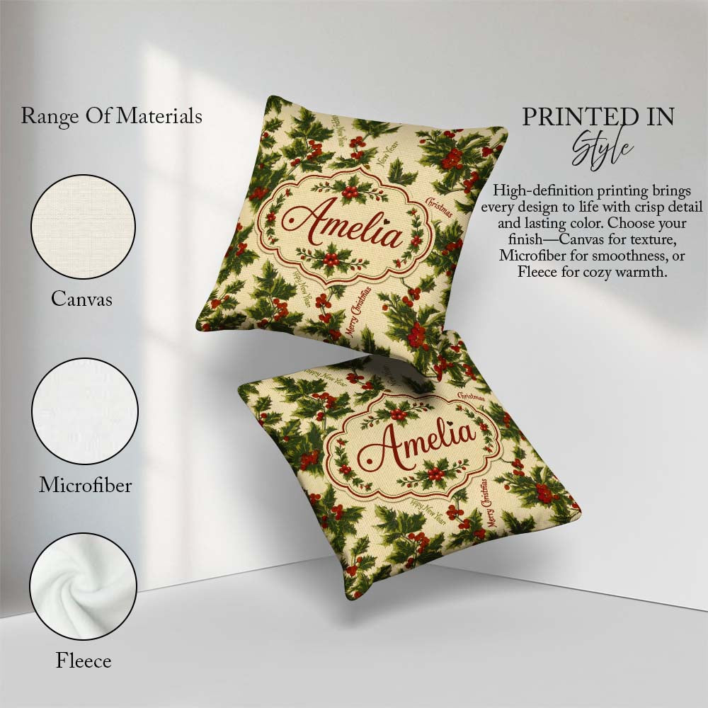 Custom Name Festive Holly Berries Merry Christmas Text Seamless Square Filled Cushion Throw Pillow Sofa Bed Home Decor Zip Washable UK Made