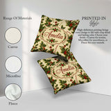 Custom Name Festive Holly Berries Merry Christmas Text Seamless Square Filled Cushion Throw Pillow Sofa Bed Home Decor Zip Washable UK Made
