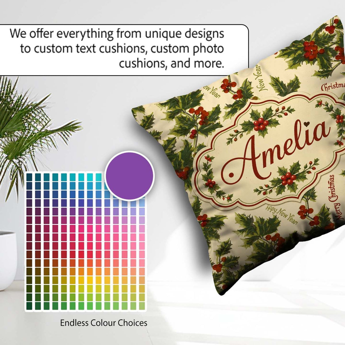 Custom Name Festive Holly Berries Merry Christmas Text Seamless Square Filled Cushion Throw Pillow Sofa Bed Home Decor Zip Washable UK Made