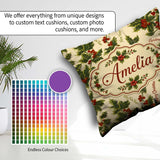 Custom Name Festive Holly Berries Merry Christmas Text Seamless Square Filled Cushion Throw Pillow Sofa Bed Home Decor Zip Washable UK Made