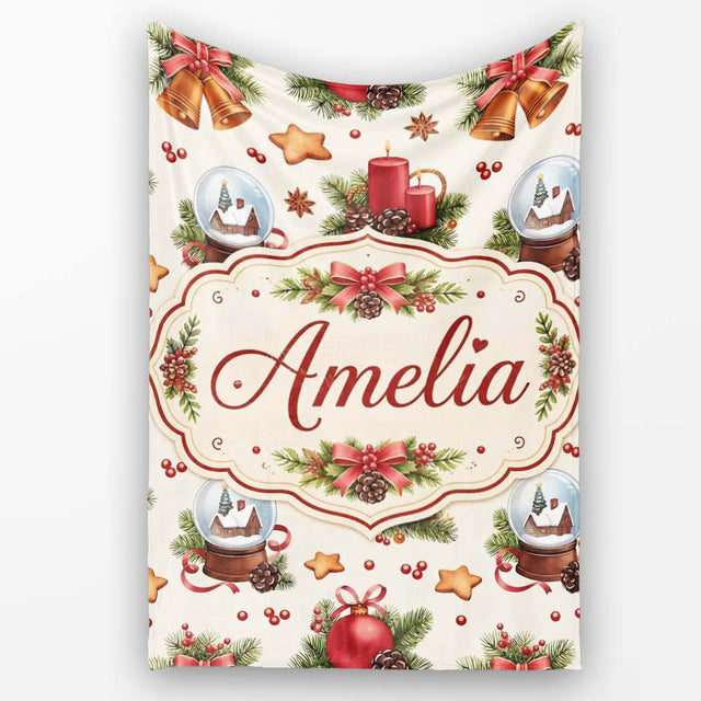 Christmas Bells Candles Snow Globe Gingerbread Seamless Pattern  Personalised Custom Name Super Soft Fleece Blanket Bed Sofa Throw