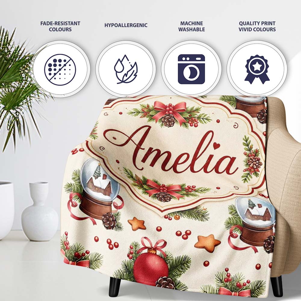 Christmas Bells Candles Snow Globe Gingerbread Seamless Pattern  Personalised Custom Name Super Soft Fleece Blanket Bed Sofa Throw