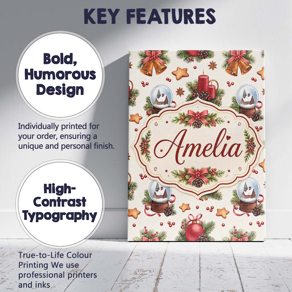 Personalised Name Christmas Bells Candles Custom  Unique Gift Idea Elegant Feature Canvas Wall Art Print Decor Picture Ready to Hang