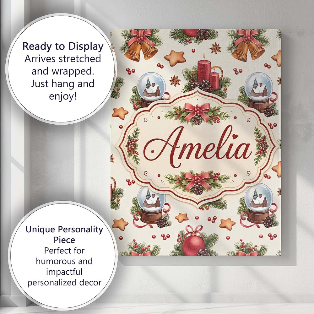 Personalised Name Christmas Bells Candles Custom  Unique Gift Idea Elegant Feature Canvas Wall Art Print Decor Picture Ready to Hang