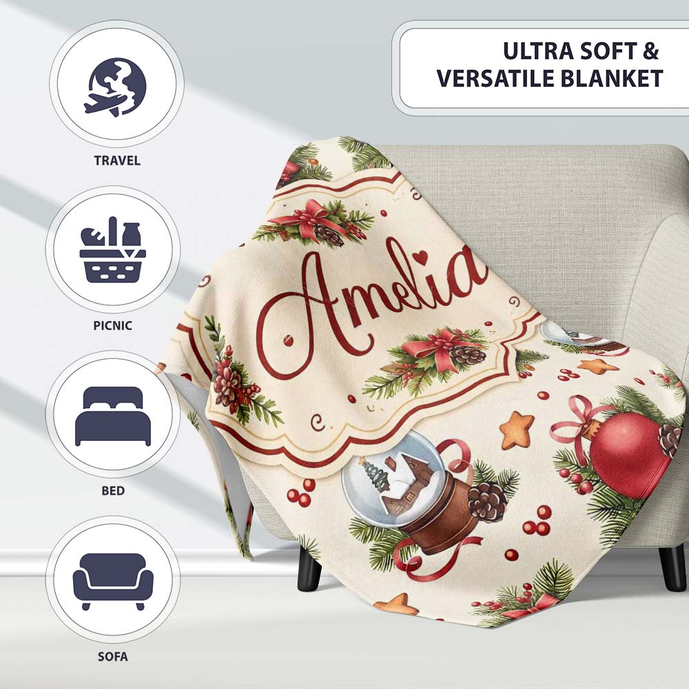 Christmas Bells Candles Snow Globe Gingerbread Seamless Pattern  Personalised Custom Name Super Soft Fleece Blanket Bed Sofa Throw