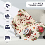 Christmas Bells Candles Snow Globe Gingerbread Seamless Pattern  Personalised Custom Name Super Soft Fleece Blanket Bed Sofa Throw