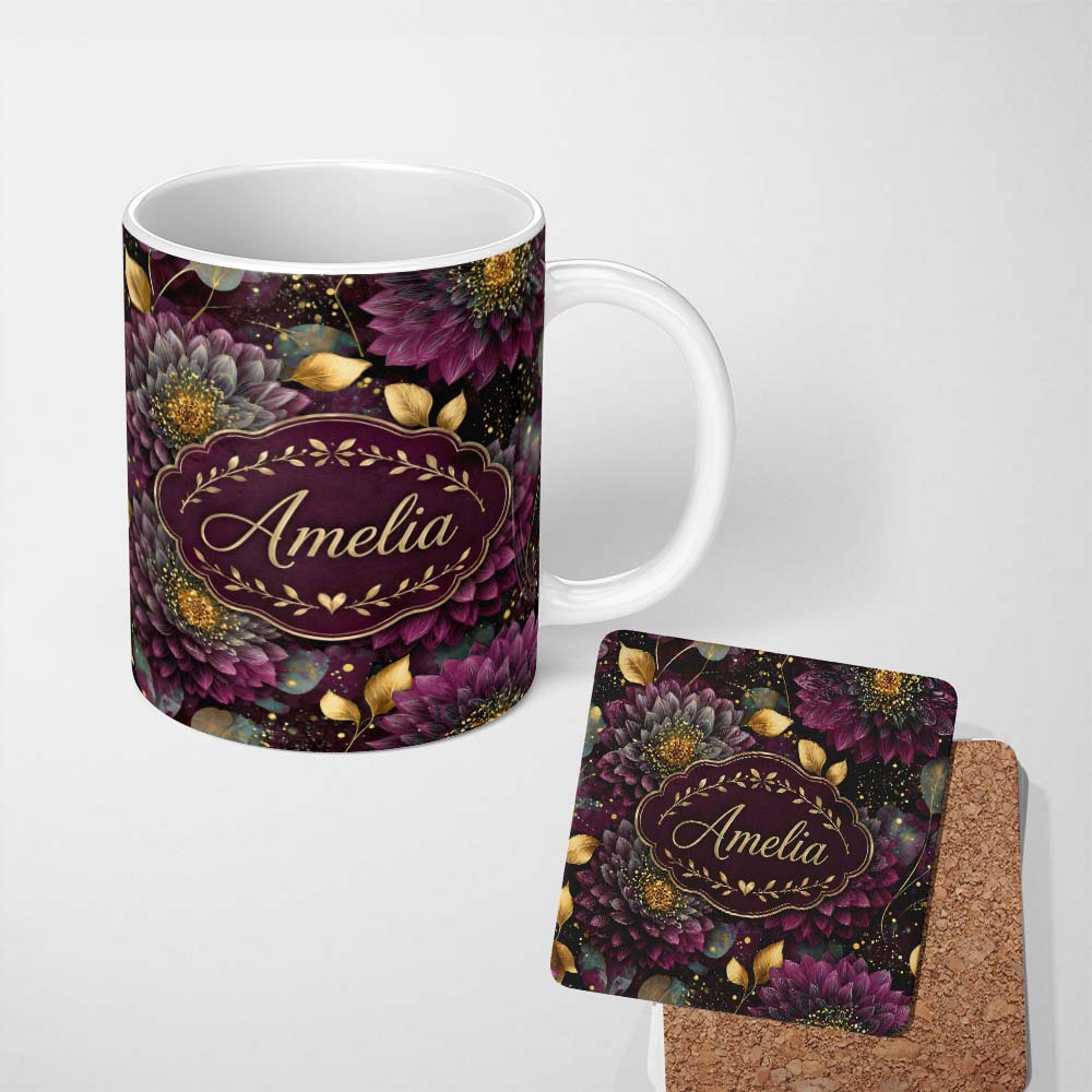 Personalized Custom Name Luxury Dark Floral Gold Leaf Seamless Pattern on Black Background 11oz Ceramic Coffee Tea Mug White Large Handle