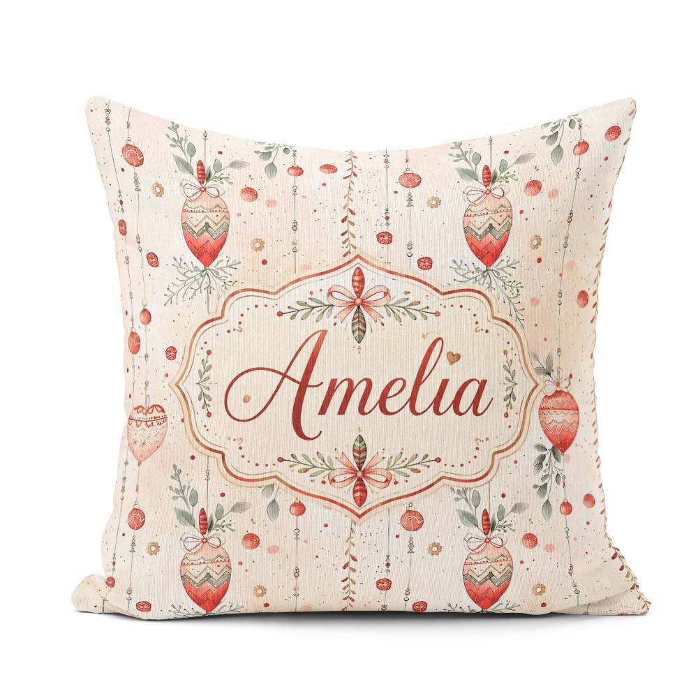 Custom Name Delicate Hanging Christmas Baubles Garland Seamless Square Filled Cushion Throw Pillow Sofa Bed Home Decor Zip Washable UK Made