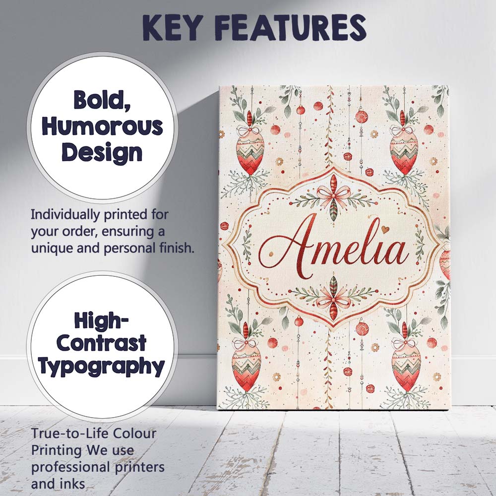 Personalised Name Delicate Hanging Christmas Custom Bespoke  Contemporary Display Canvas Wall Art Print Decor Picture Ready to Hang