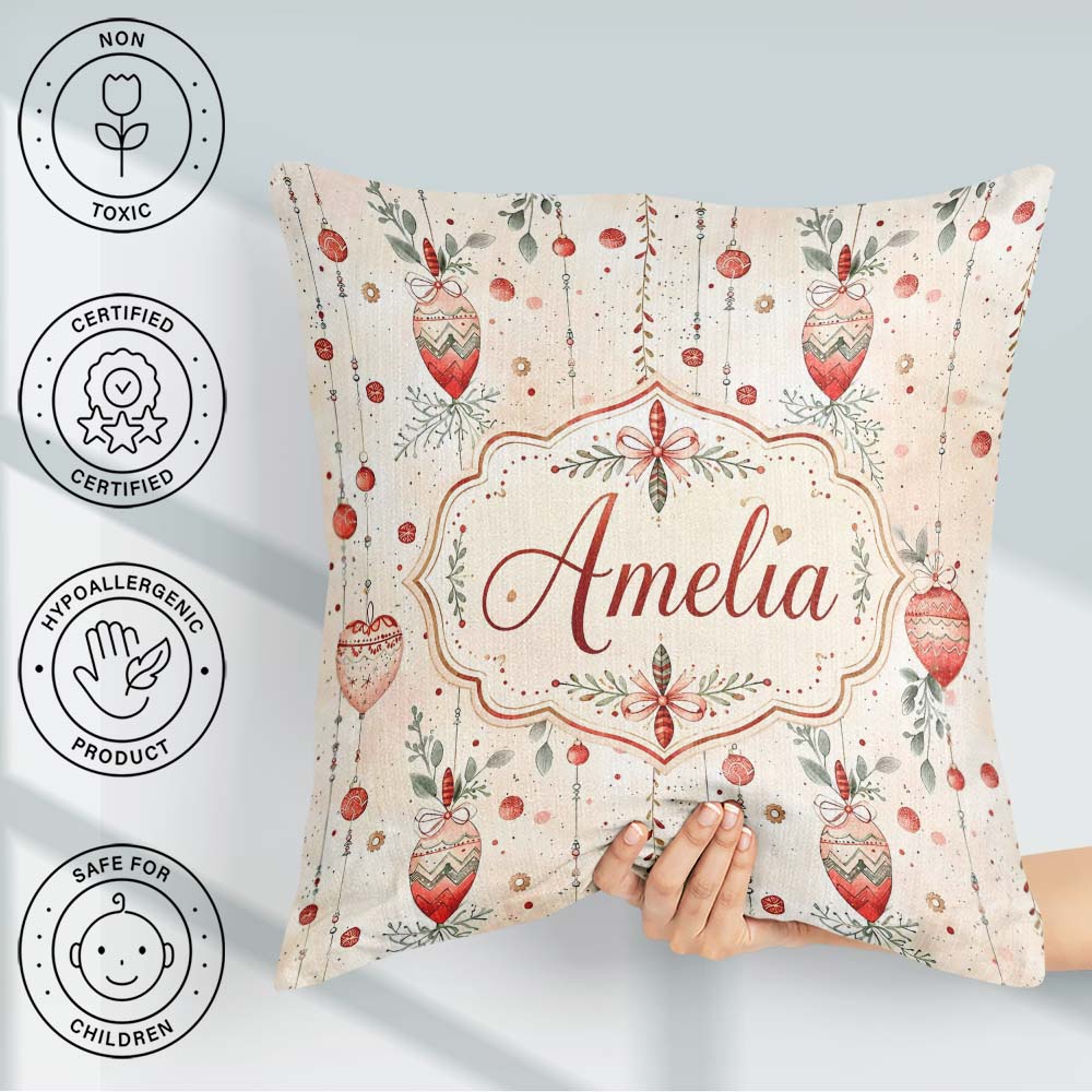 Custom Name Delicate Hanging Christmas Baubles Garland Seamless Square Filled Cushion Throw Pillow Sofa Bed Home Decor Zip Washable UK Made