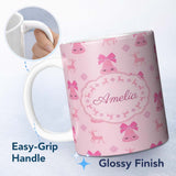 Personalized Custom Name Minimal Pink Bell Bow Reindeer Winter Seamless Pattern Lovely 11oz Ceramic Coffee Tea Mug White Large Handle