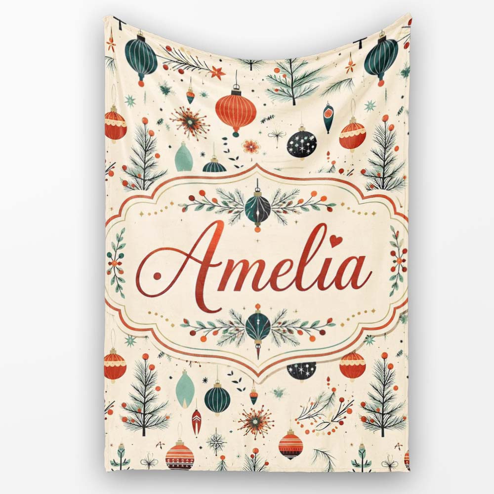 Christmas Ornaments Trees Stars Mid Century Seamless Pattern Lovely  Personalised Custom Name Super Soft Fleece Blanket Bed Sofa Throw