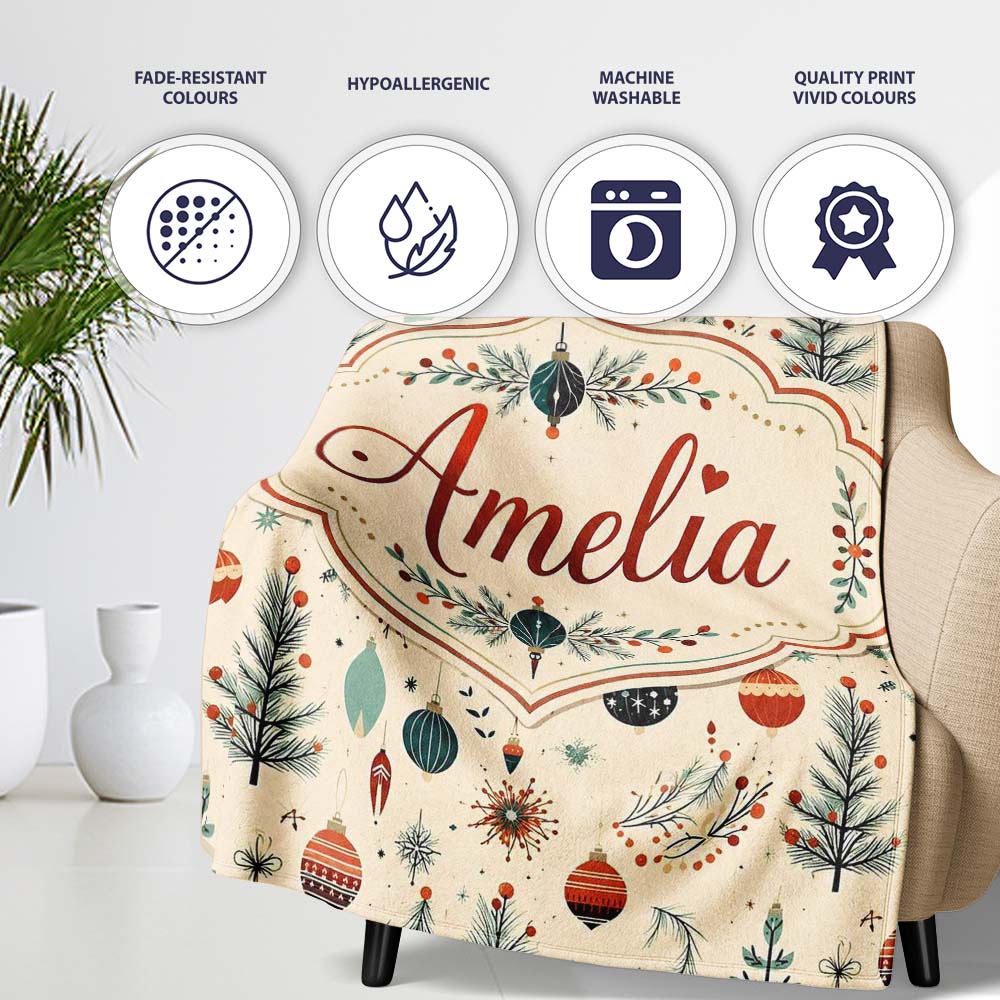 Christmas Ornaments Trees Stars Mid Century Seamless Pattern Lovely  Personalised Custom Name Super Soft Fleece Blanket Bed Sofa Throw