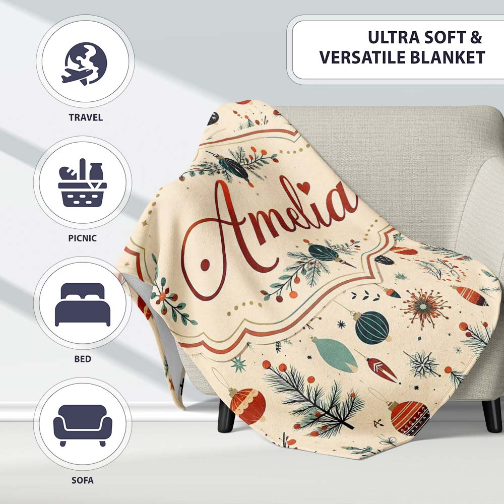 Christmas Ornaments Trees Stars Mid Century Seamless Pattern Lovely  Personalised Custom Name Super Soft Fleece Blanket Bed Sofa Throw