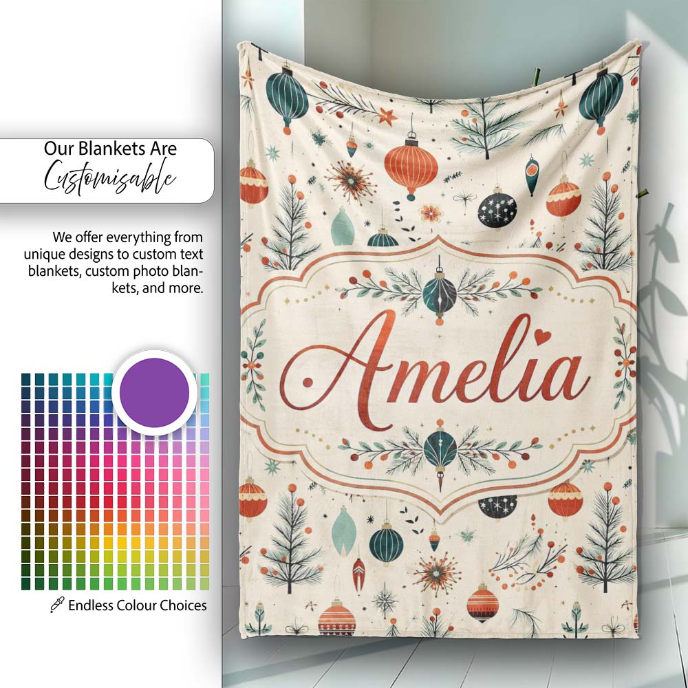 Christmas Ornaments Trees Stars Mid Century Seamless Pattern Lovely  Personalised Custom Name Super Soft Fleece Blanket Bed Sofa Throw