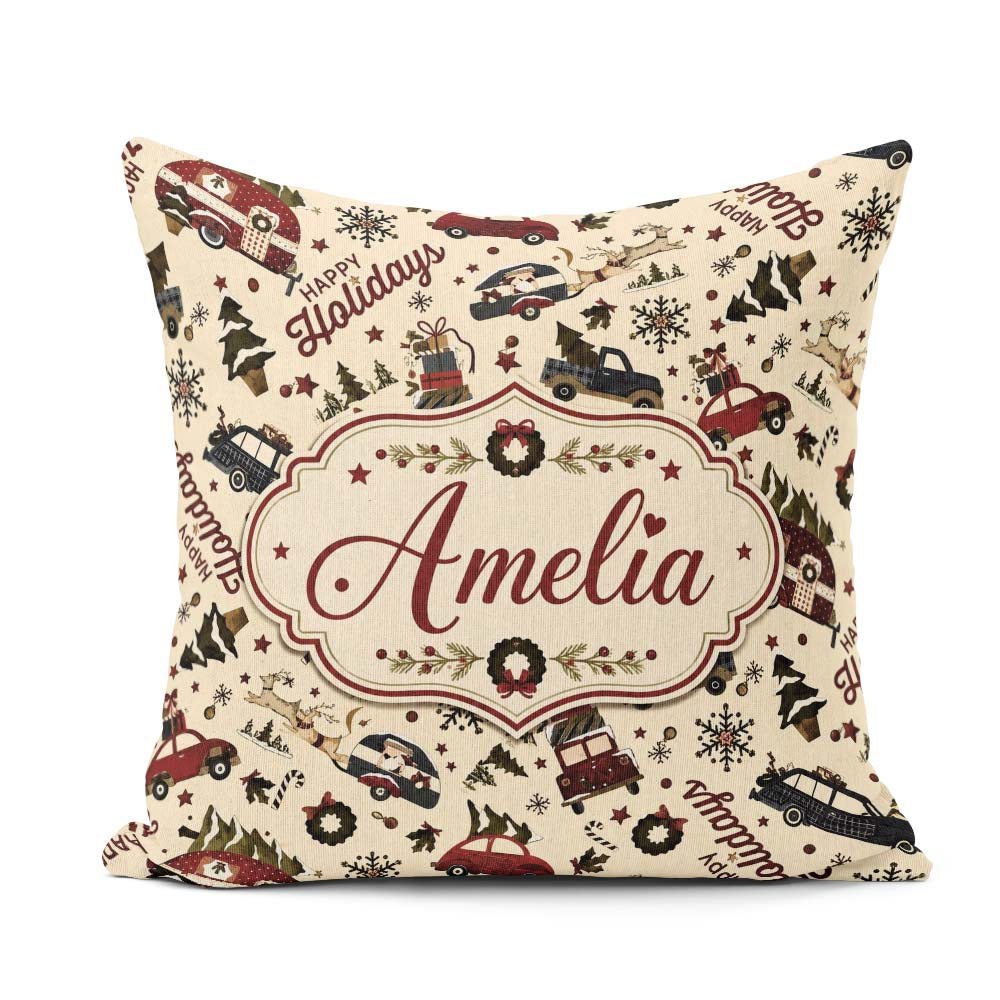 Custom Name Festive Holiday Cars Gifts Snowflakes Happy Holidays Square Filled Cushion Throw Pillow Sofa Bed Home Decor Zip Washable UK Made