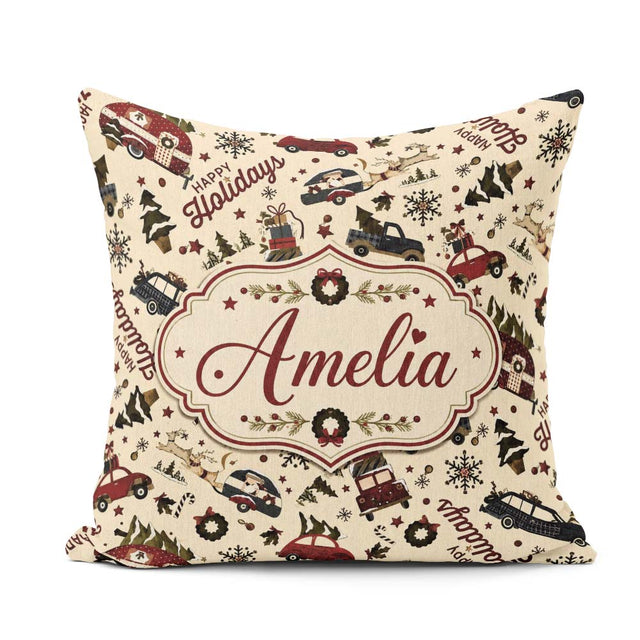 Custom Name Festive Holiday Cars Gifts Snowflakes Happy Holidays Square Filled Cushion Throw Pillow Sofa Bed Home Decor Zip Washable UK Made