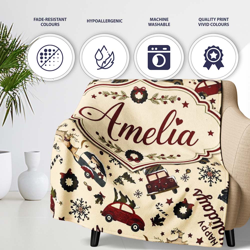 Festive Holiday Cars Gifts Snowflakes Happy Holidays Seamless Lovely  Personalised Custom Name Super Soft Fleece Blanket Bed Sofa Throw