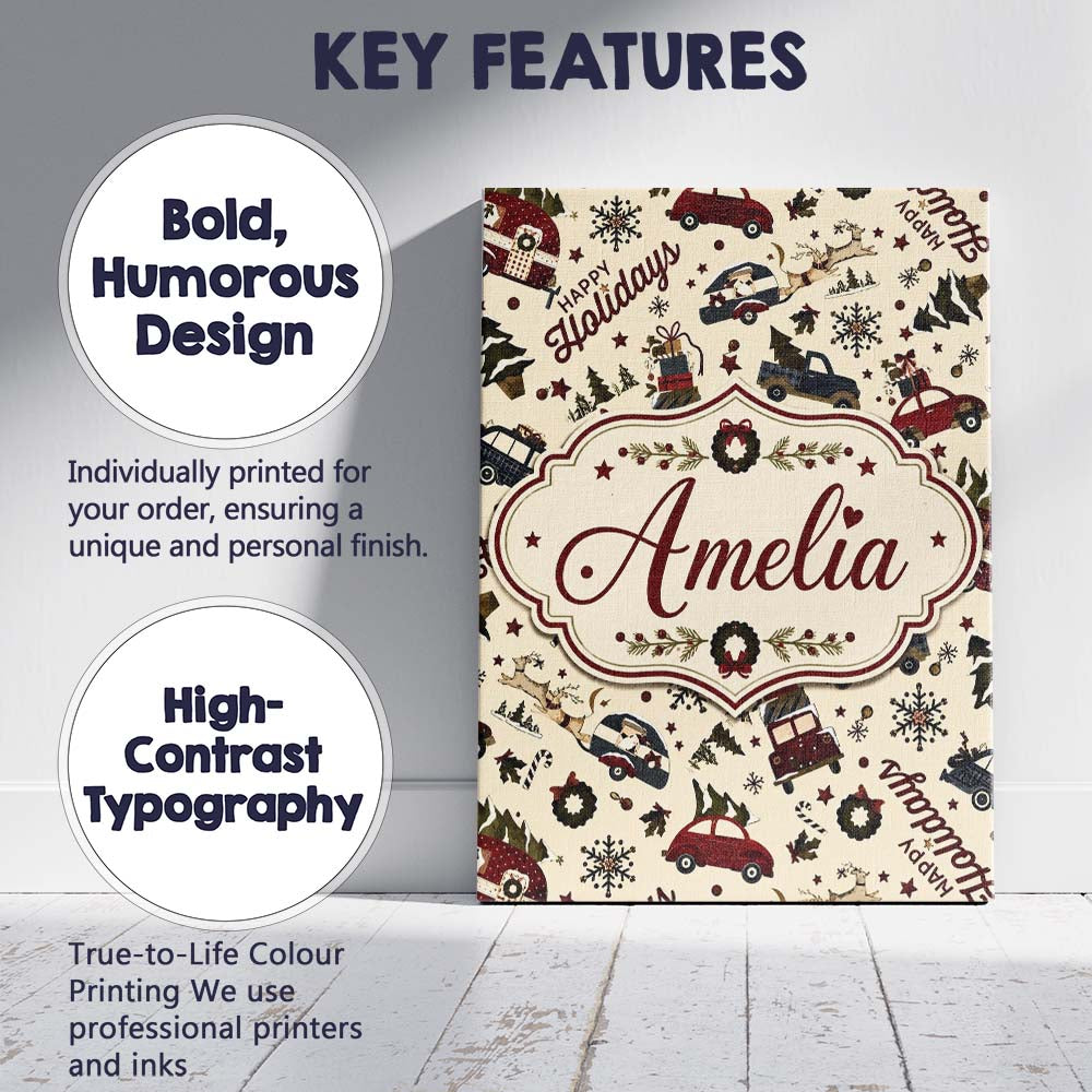Personalised Name Festive Holiday Cars Custom  Modern Room Accent Elegant Feature Canvas Wall Art Print Decor Picture Ready to Hang