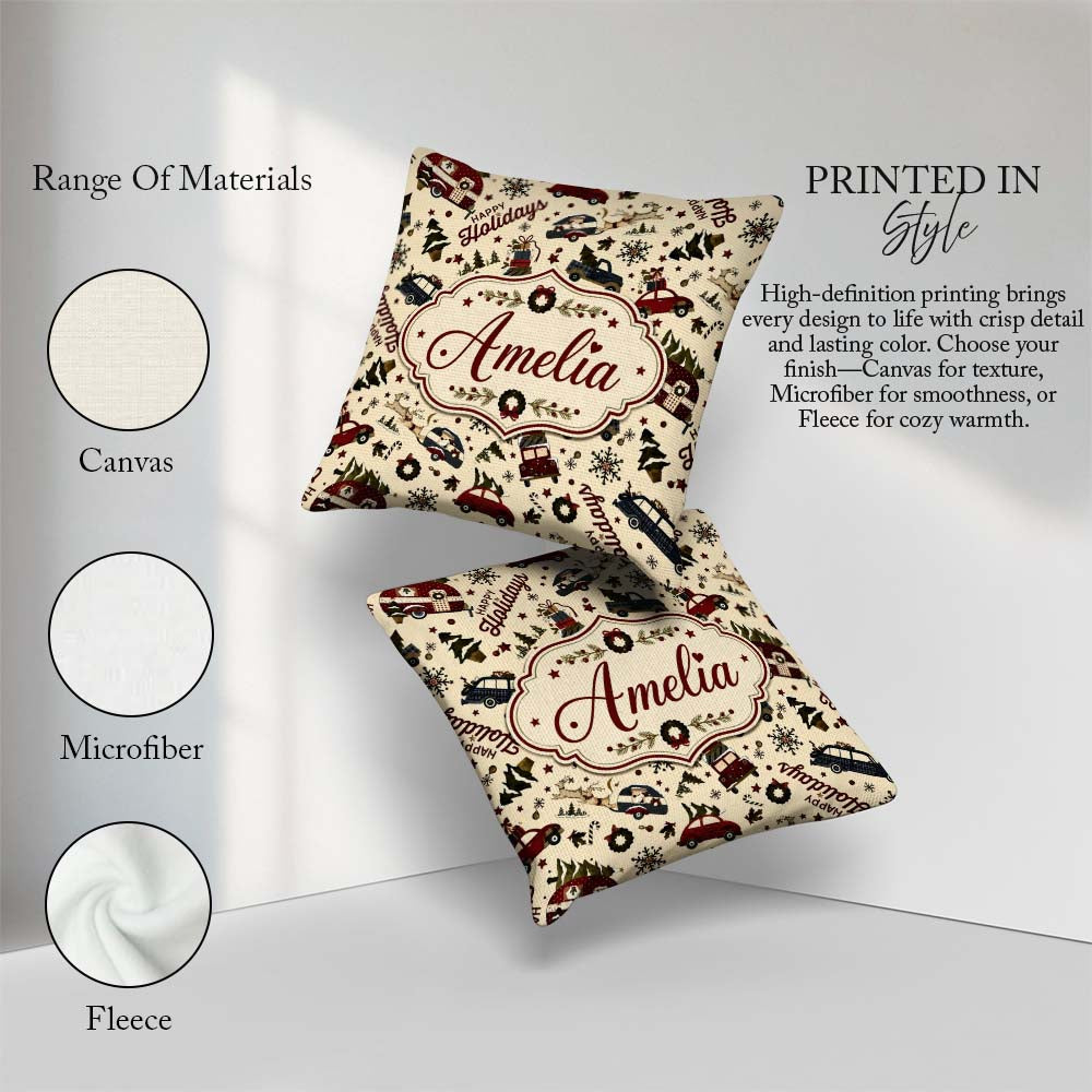 Custom Name Festive Holiday Cars Gifts Snowflakes Happy Holidays Square Filled Cushion Throw Pillow Sofa Bed Home Decor Zip Washable UK Made