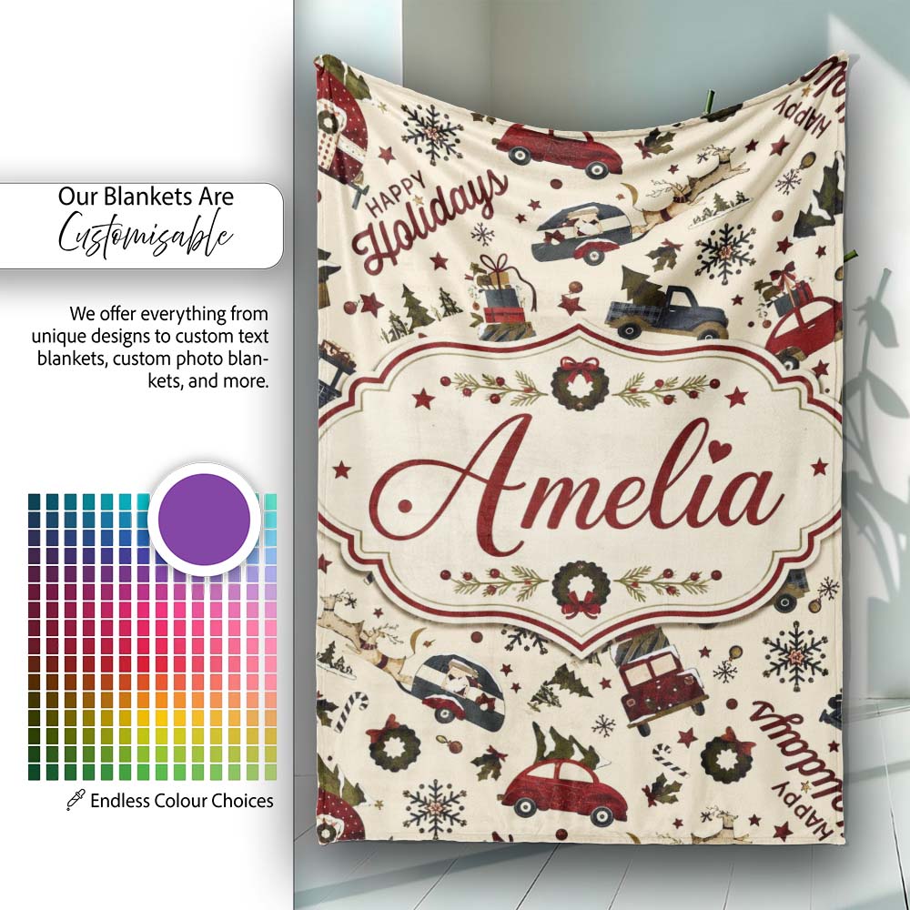 Festive Holiday Cars Gifts Snowflakes Happy Holidays Seamless Lovely  Personalised Custom Name Super Soft Fleece Blanket Bed Sofa Throw