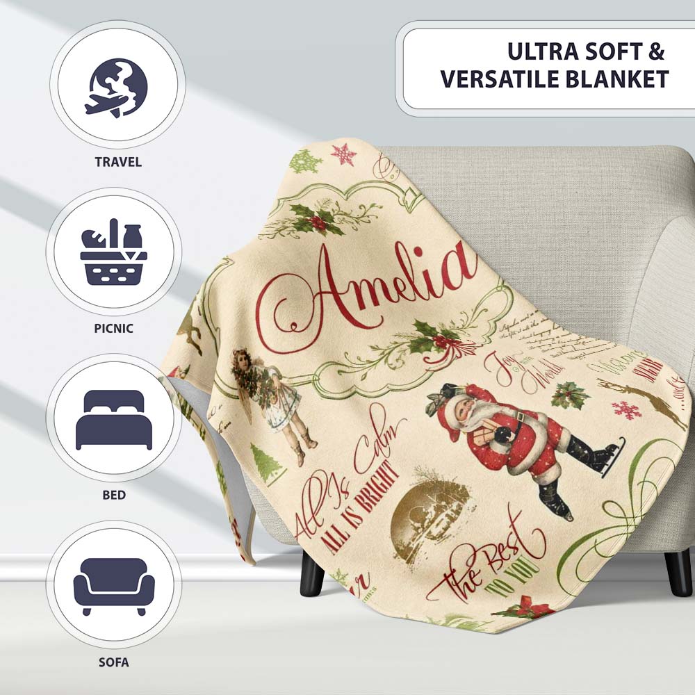 Vintage Christmas Typography Santa Claus Collage Seamless Pattern  Personalised Custom Name Super Soft Fleece Blanket Bed Sofa Throw