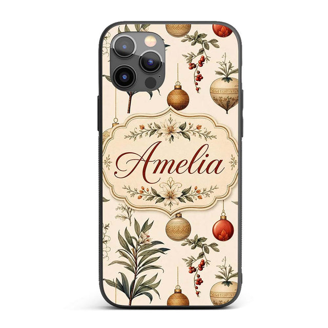 Elegant Botanical Christmas Baubles Floral Leaves Custom Name Protective Phone Case Mobile Cover Durable Everyday Smartphone Shock Resistant