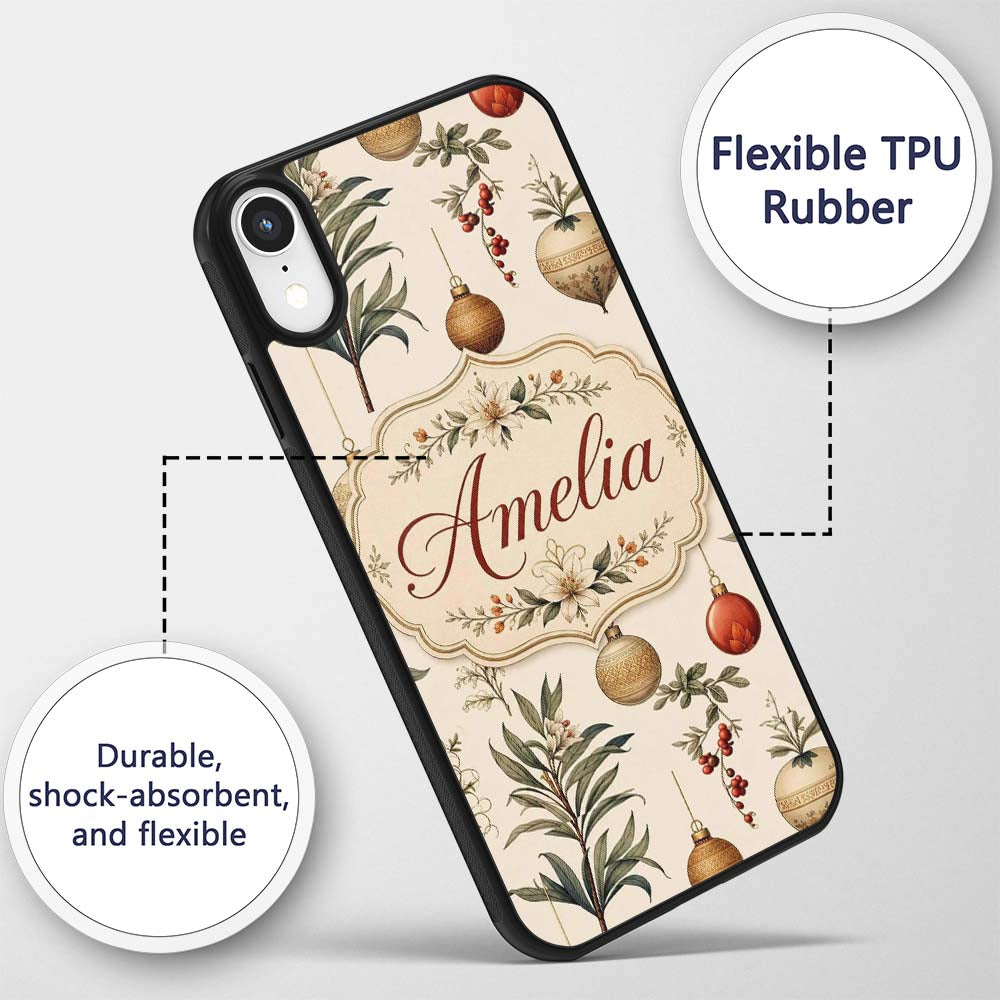 Elegant Botanical Christmas Baubles Floral Leaves Custom Name Protective Phone Case Mobile Cover Durable Everyday Smartphone Shock Resistant