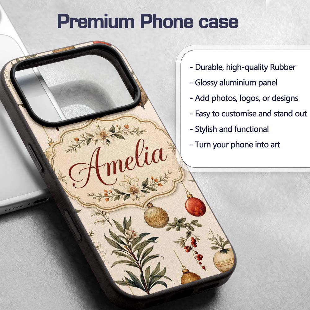 Elegant Botanical Christmas Baubles Floral Leaves Custom Name Protective Phone Case Mobile Cover Durable Everyday Smartphone Shock Resistant