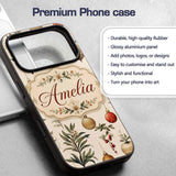 Elegant Botanical Christmas Baubles Floral Leaves Custom Name Protective Phone Case Mobile Cover Durable Everyday Smartphone Shock Resistant