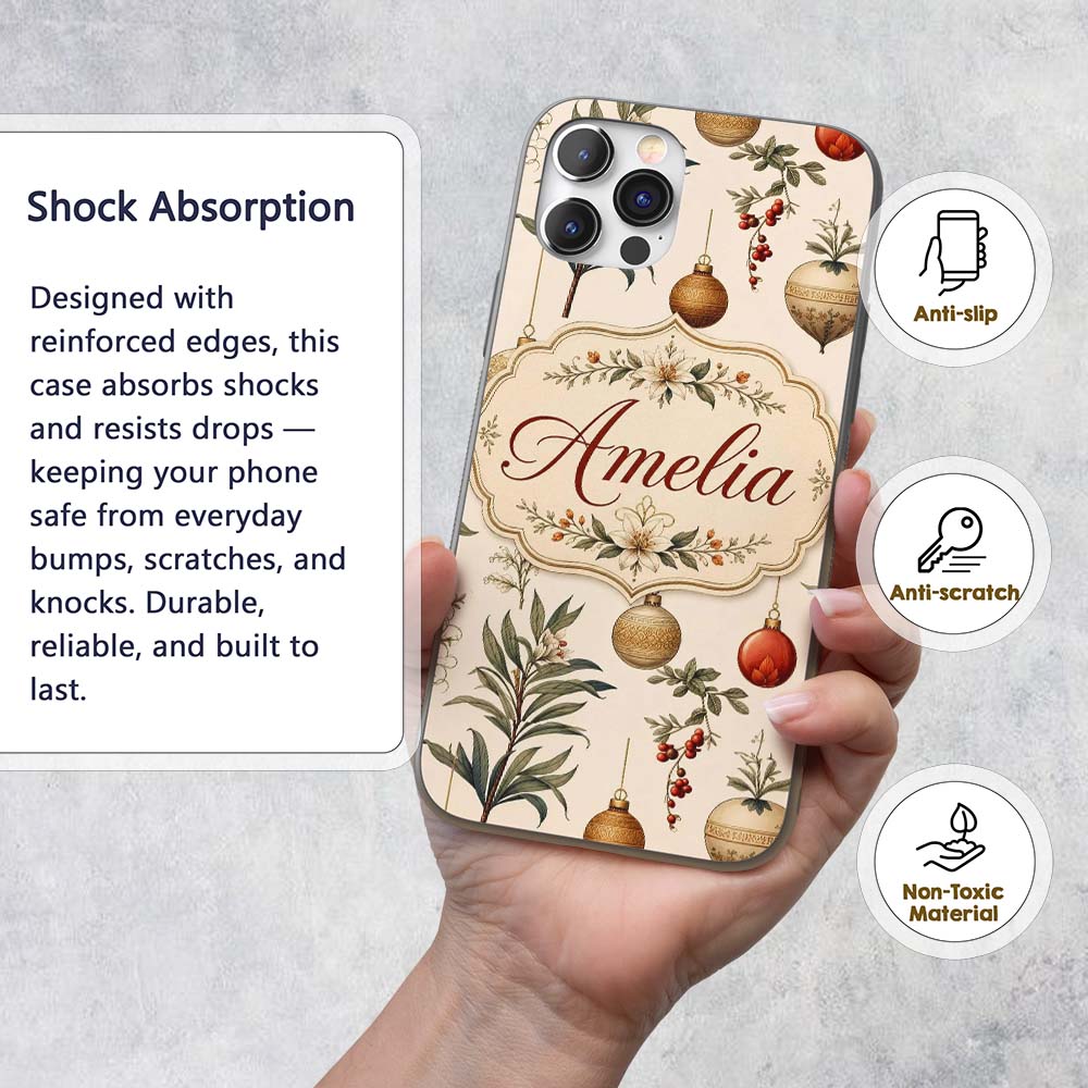 Elegant Botanical Christmas Baubles Floral Leaves Custom Name Protective Phone Case Mobile Cover Durable Everyday Smartphone Shock Resistant