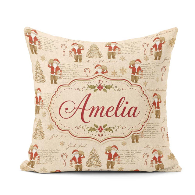 Custom Name Rustic Santa Claus Script Text Tree Seamless Pattern Square Filled Cushion Throw Pillow Sofa Bed Home Decor Zip Washable UK Made